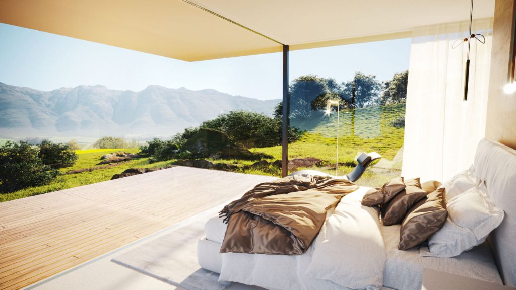 Glass pavilion bedroom with mountain views